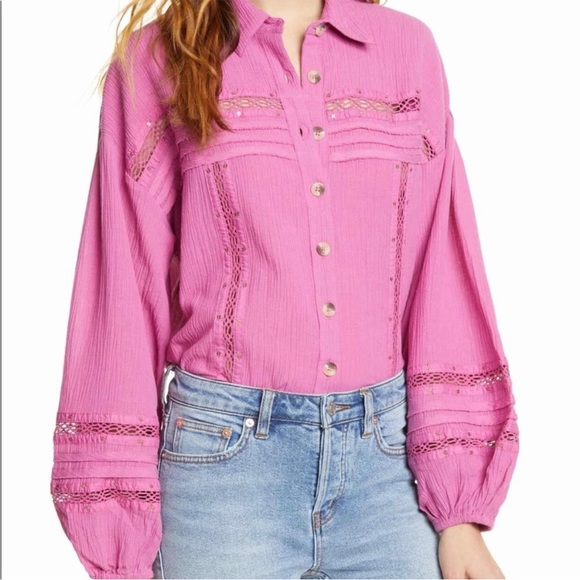 FREE PEOPLE Summer Stars Crochet Trim Boho Purple Pink Fuchsia Blouse Shirt M - Picture 4 of 15